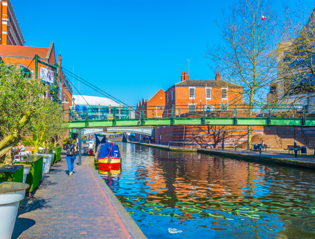 A city centre view of a canal in Birmingham