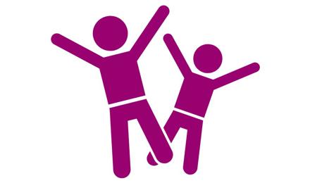 A graphic icon of 2 children with their arms in the air