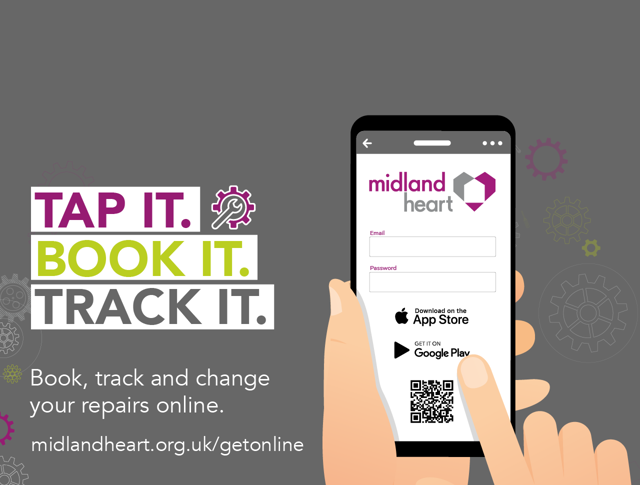 A graphic showing the app with the title, "Tap it. Book it. Track it