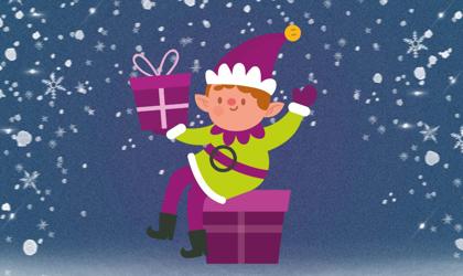 An elf holding a present sitting on a purple box