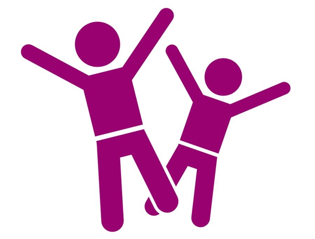 A graphic icon of 2 children holding their arms in the air